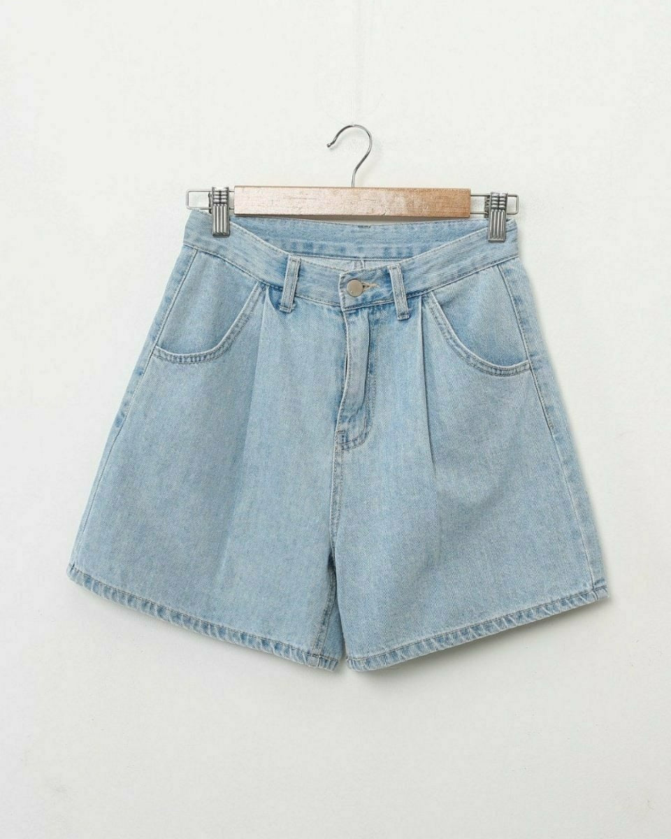 pintuck denim shorts