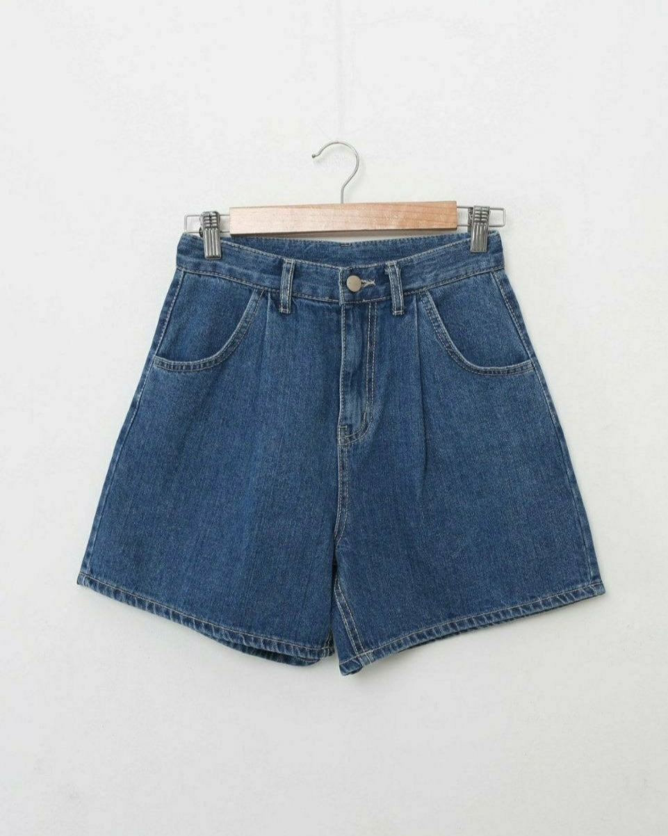 pintuck denim shorts