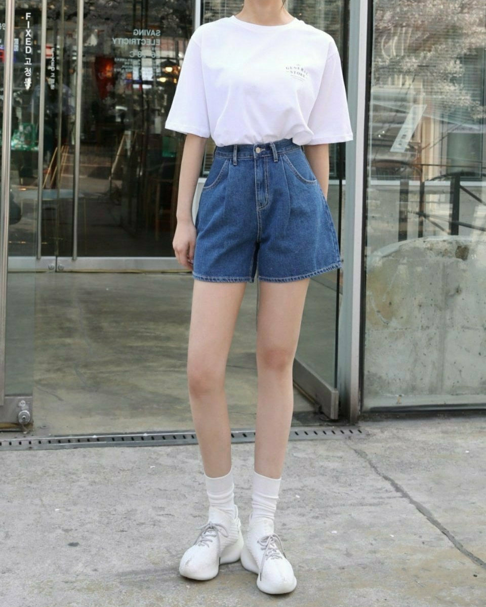pintuck denim shorts