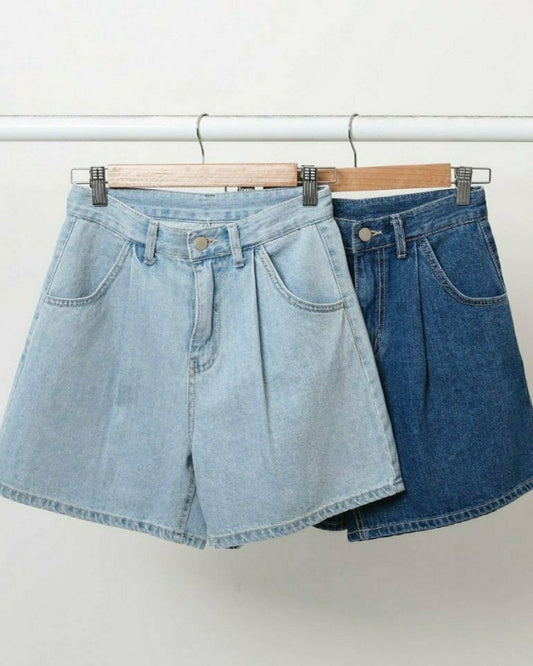 pintuck denim shorts