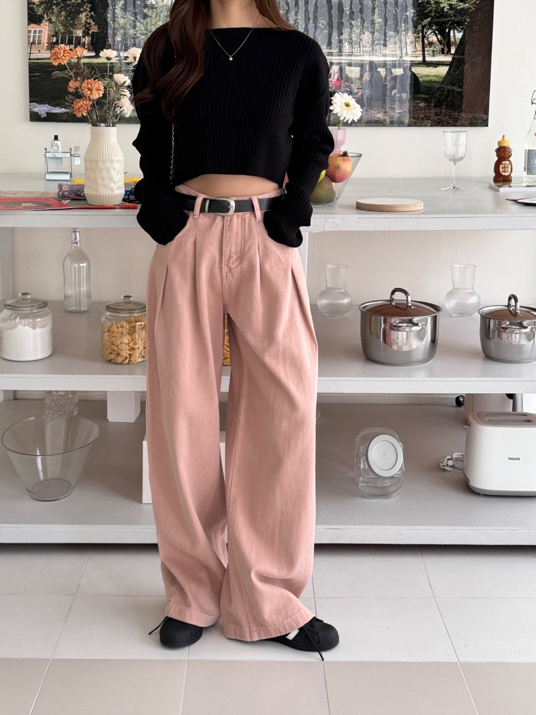 wide leg pintuck pants